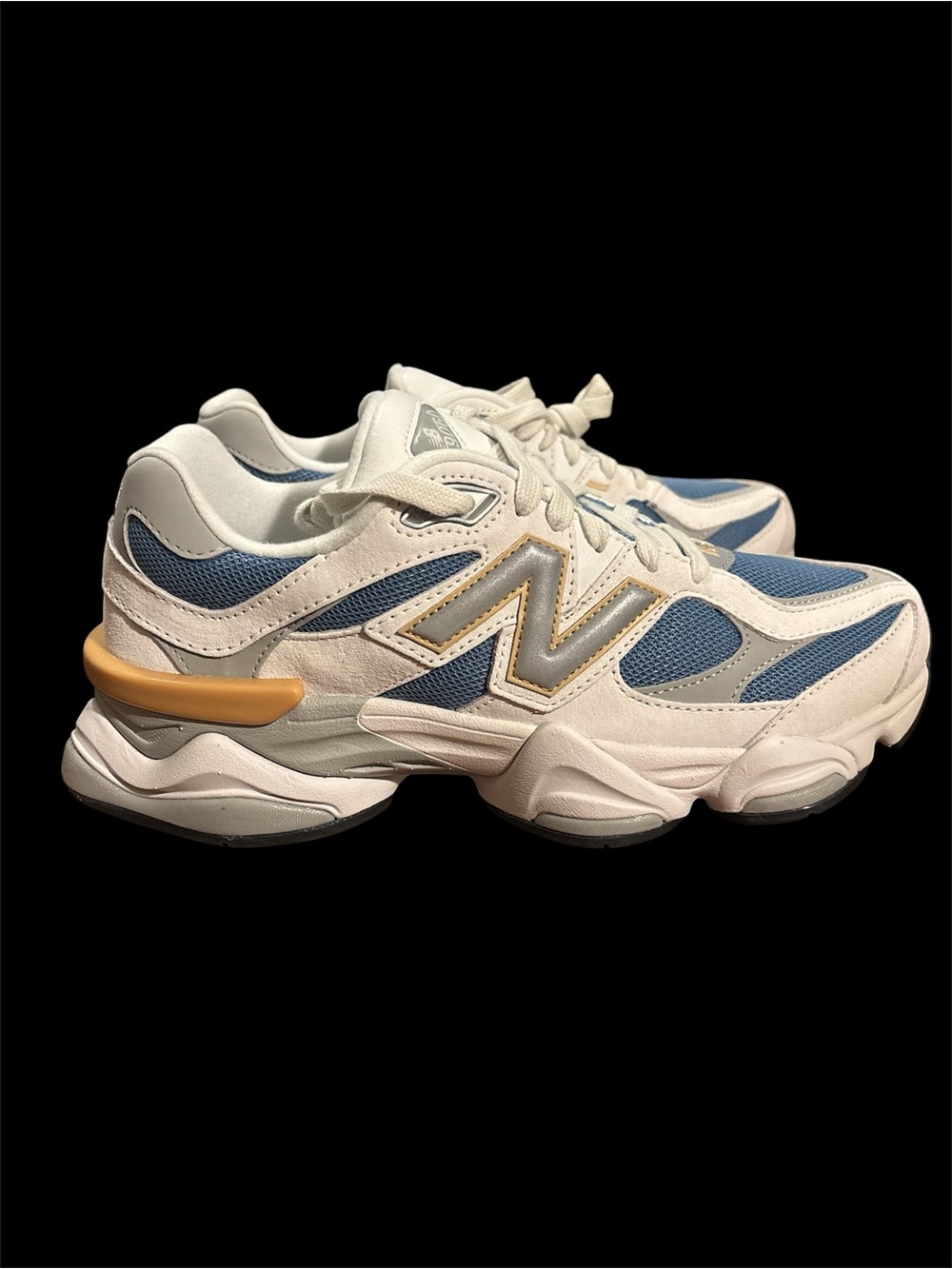 New Balance 9060 white sneakers with blue gold accents Women’s size: 8